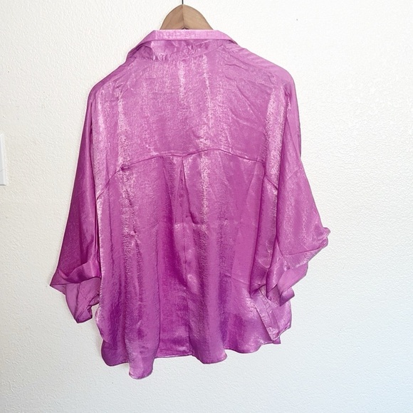Andree By Unit 100% Polyester Shiny New Purple Cuffed Short Sleeve Blouse - Picture 8 of 10